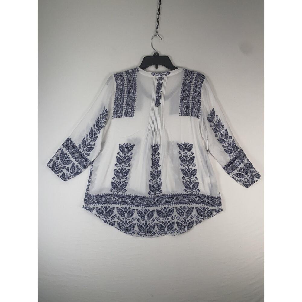 Daniel Rainn Blouse Womens Large White Blue Floral 3/4 Sleeve Tunic Top Boho - Picture 2 of 6